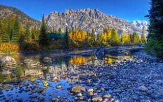 Картинка США, Осень, Горы, Камни, Озеро, Реки, HDR