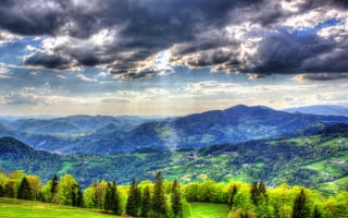 Картинка Пейзаж, Небо, HDR, Облака, Леса, Ель, Горы, Словения