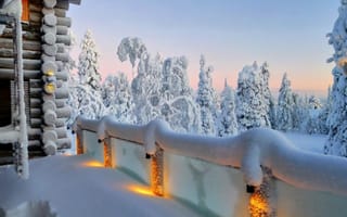 Картинка снег, природа, дом, ели