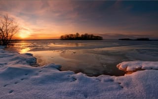 Картинка солнце, снег, река