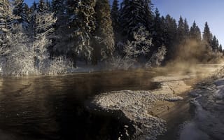 Картинка речка, карелия, снег, ели, зима