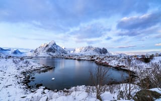 Картинка лофотен, горы, озеро, норвегия, зима