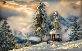 Картинка зима, беседка, горы, ели, снег