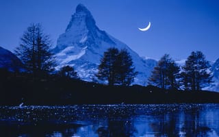 Картинка горы, месяц, озеро