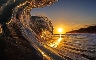 Картинка морская, солнца, волна, при закате