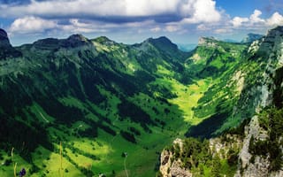 Картинка зелено, горы, пейзаж, красиво, деревья, вид со скалы, природа