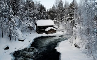 Картинка природа, кабина, деревья, снег, лед, река
