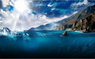 Картинка море, cолнечный лучик, айсберг, природа, произведение искусства, цифровое искусство, пейзаж, подводный