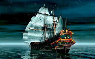 Картинка ночь, море, корабль, парусник