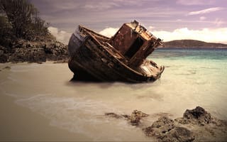 Картинка море, запустение, тлен, песок, камни, брошенный корабль