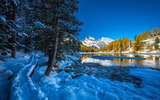 Картинка зима, горы, снег, река, деревья