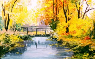 Картинка мост, Природа, картина, осенние, Парки, Реки, Мосты, Живопись, речка, река, парк, Осень