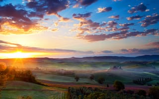 Картинка Тоскана, Италия, облачно, Небо, Рассветы, закат, рассвет, Природа, Пейзаж, Облака, облако, закаты, Поля