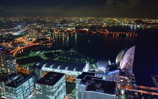 Обои Япония, Yokohama, ночью, Сверху, Города, Ночные, город, ночи, Здания, Ночь, Дома