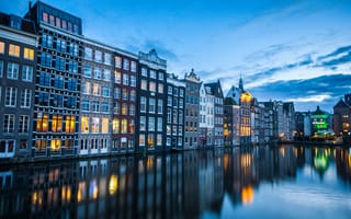 Обои Амстердам, Водный, Города, Вечер, Здания, город, канал, Дома