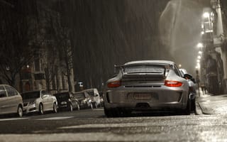 Картинка Porsche, gt3, Автомобили, авто, машины, Улица, Дождь, улиц, вид, машина, Сзади, Порше, сзади, улице, автомобиль