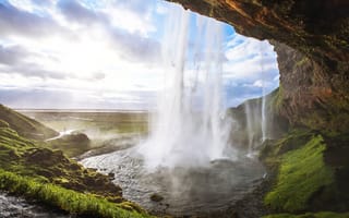 Картинка Исландия, Seljandafoss, мхом, Мох, Водопады, Скала, Природа, Утес, скале, мха, скалы
