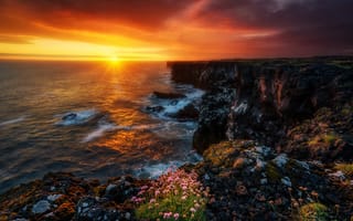 Картинка Исландия, Море, Побережье, скалы, рассвет, Утес, Пейзаж, скале, Скала, закат, Рассветы, Природа, закаты, берег