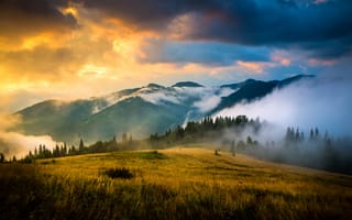 Обои Карпаты, Украина, гора, траве, закаты, облачно, Пейзаж, Природа, облако, Горы, Облака, рассвет, закат, Небо, Трава, Рассветы