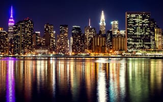 Картинка Нью-Йорк, америка, ночью, Города, ночи, Реки, город, речка, река, Дома, США, Ночь, Здания, Ночные, штаты, Небоскребы