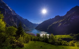 Картинка Швейцария, Lake, Горы, Пейзаж, Klontal, Природа, Glarus, Озеро, Солнце, кустов, гора, солнца, Кусты