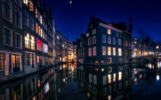Картинка Амстердам, Нидерланды, ночи, Ночные, Водный, ночью, Ночь, Города, Дома, канал, город, Здания