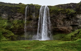 Обои Исландия, Seljaland, Природа, Мох, скале, Водопады, Waterfall, Скала, скалы, мха, мхом, Утес