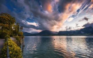 Обои Швейцария, Lake, облачно, Озеро, облако, Thun, Вечер, Небо, Облака, Природа