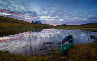Картинка Норвегия, Sulitjelma, Природа, Лодки, Вечер, Небо, Озеро