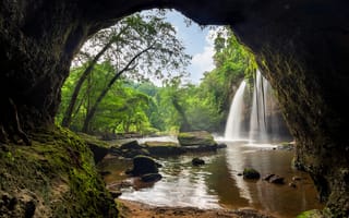 Обои Таиланд, Heo, Парки, Yai, National, Вода, Пещера, Suwat, пещере, Waterfall, Водопады, Park, Камни, Мох, пещеры, Камень, мха, Khao, мхом, Природа