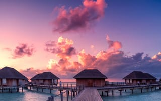 Картинка Мальдивы, Бунгало, облако, закаты, Рассветы, Мосты, Тропики, Небо, Облака, Природа, облачно