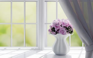 Картинка Букеты, Розы, окна, вазы, Окно, 3D, Графика, вазе, Ваза, Цветы