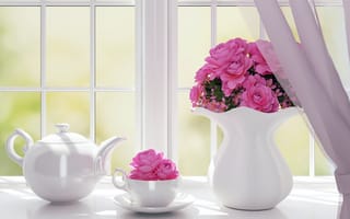 Картинка Розы, Розовый, 3D, вазы, Чайник, Чашка, чашке, розовые, розовых, розовая, Графика, окна, Ваза, вазе, Окно, Цветы