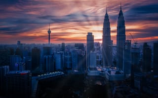 Картинка Куала-Лумпур, Малайзия, Towers, Небоскребы, мегаполиса, Рассветы, Twin, Мегаполис, Petronas, закаты, Города