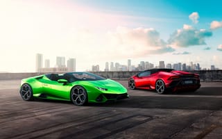 Обои Lamborghini, Spyder, желто, два, авто, автомобиль, Двое, Автомобили, салатовые, машины, Evo, салатовая, Салатовый, Huracan, две, машина, Родстер, вдвоем, Ламборгини, зеленый