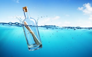 Обои Море, 3D, Бутылка, Письмо, бутылки, воде, письма, 3д, Вода, Графика