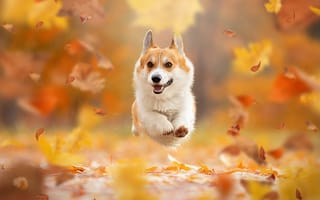 Картинка Вельш-корги, Собаки, Бег, собака, боке, Размытый, бегущая, Осень, бегущий, бежит, Животные, Листья, лист, Листва, животное, осенние