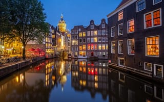 Обои Амстердам, голландия, канал, Дома, Города, Здания, город, Нидерланды, Вечер, Водный
