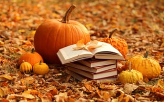 Обои Листва, Осень, Природа, лист, осенние, Книга, Тыква, Листья, книги