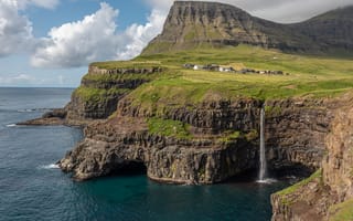 Картинка Дания, Faroe, берег, Природа, Утес, Побережье, Скала, скалы, Залив, скале, Водопады, залива, Islands, заливы