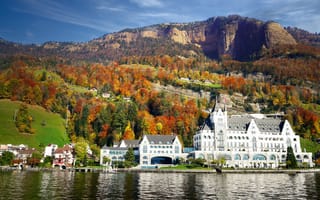 Обои Швейцария, Park, Гостиница, Озеро, Lucerne, город, гора, гостиницы, Отель, Осень, отеля, осенние, Hotel, Vitznau, Lake, Города, Горы