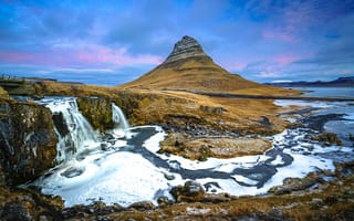 Обои Исландия, Kirkjufell, речка, река, Реки, гора, Водопады, Природа, Горы