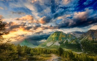 Картинка Альпы, Италия, облачно, дерева, Пейзаж, HDRI, Облака, облако, Природа, деревьев, Деревья, Горы, гора, дерево, альп, Небо, HDR, Dolomites