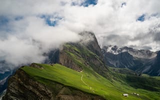 Картинка альп, Италия, Горы, облако, Seceda, Dolomites, облачно, Альпы, Природа, Облака, гора