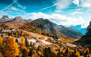 Картинка Италия, Falzarego, Пейзаж, Pass, Dolomites, Леса, Дороги, осенние, Природа, гора, лес, Горы, Осень