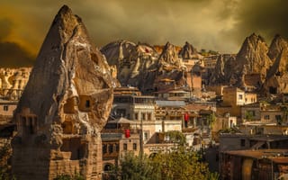 Картинка Турция, Uchisar, Cappadocia, Дома, скале, Утес, Здания, город, Города, скалы, Скала