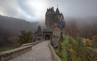 Картинка Германия, Башня, дерево, Eltz, гора, Castle, Природа, замок, дерева, тумане, Деревья, деревьев, тумана, Замки, башни, Туман, Горы