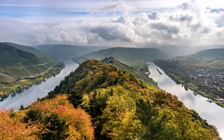 Обои Германия, river, облако, Холмы, облачно, холм, осенние, Реки, Природа, Сверху, речка, Облака, Moselle, холмов, Осень, река