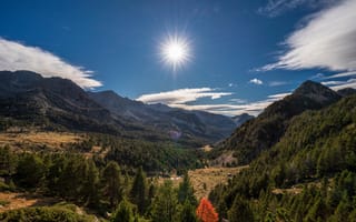 Картинка Андорра, Pyrenees, Солнце, Пейзаж, гора, Небо, Долина, солнца, Природа, Горы