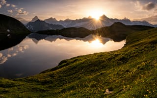 Картинка альп, Швейцария, Valais, закаты, Альпы, Природа, рассвет, закат, Пейзаж, Рассветы, Озеро, Горы, гора